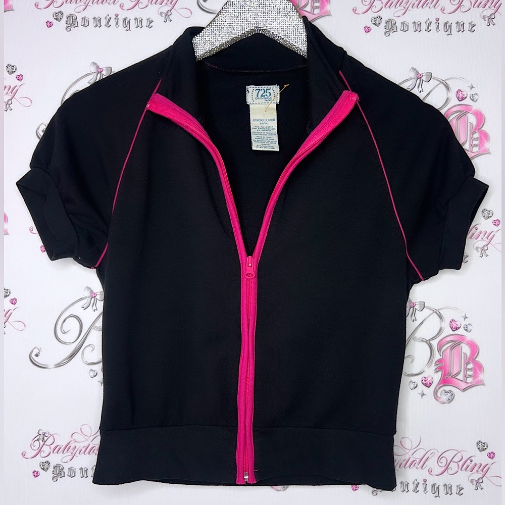 725 originals sweater tshirt zip up black pink y2k striped trim work out yoga
